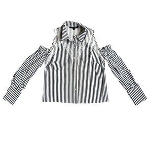 Walter Baker Womens Navy Striped Button Down Shirt M‎ Cold Shoulder Lace Ruffle